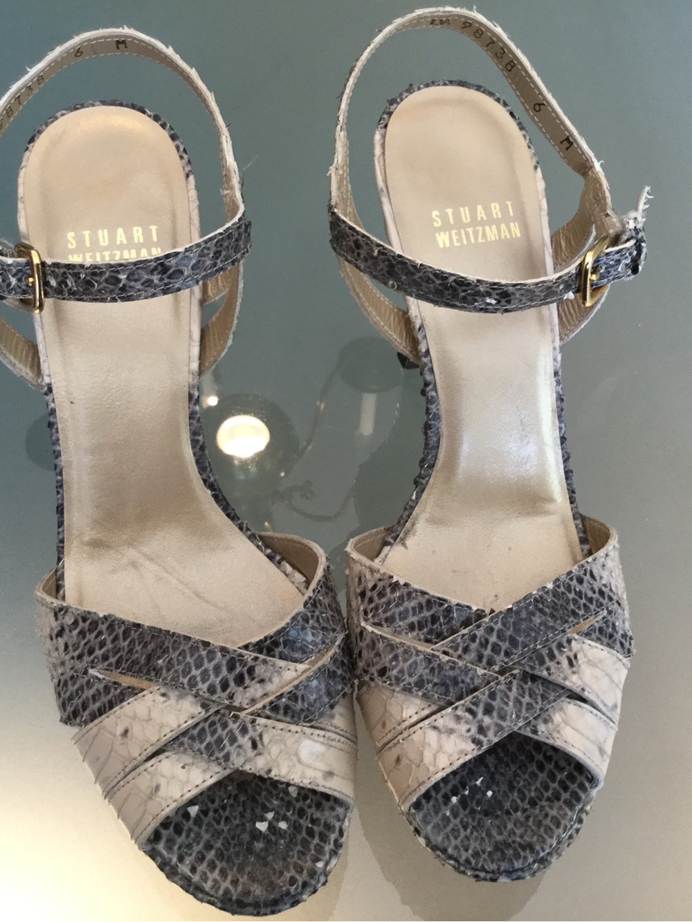 Stuart Weitzman Gray and Beige Snakeskin Crisscross Slingback Heels